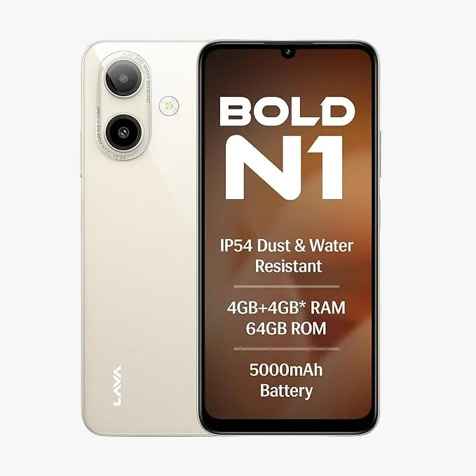 Smartphone with 'BOLD N1' branding and specifications on a white background