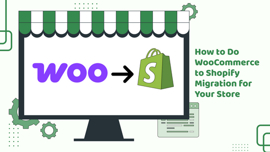 Illustration of WooCommerce logo pointing to Shopify logo on a computer screen.