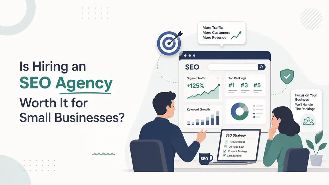 Illustration of SEO agency services for small businesses with analytics dashboard and growth metrics.