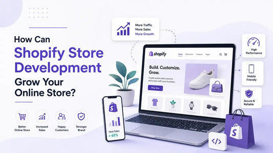 Shopify store development graphic with laptop, mobile preview, and business growth icons.