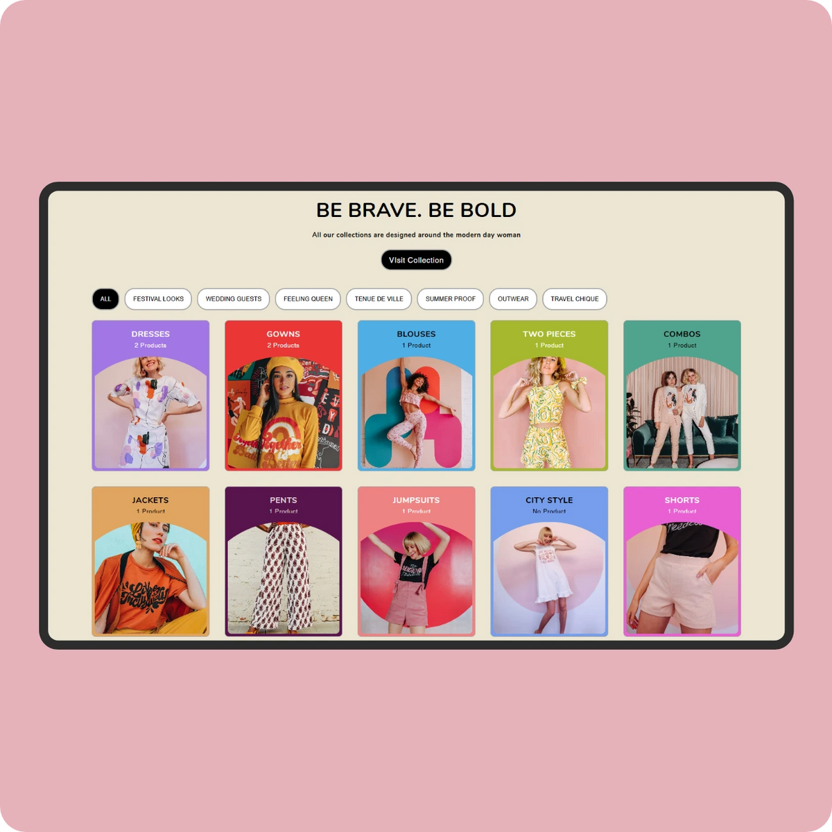 Colorful women’s fashion collection categories displayed on an online store page