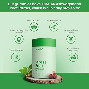 Supplement container with gummy bears on a green background, featuring text about KSM-66 Ashwagandha Root Extract and its benefits.