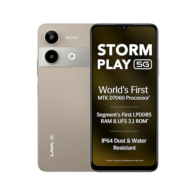 Lava Storm Play 5G smartphone with specifications on a white background