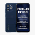 Blue smartphone displaying features on a white background