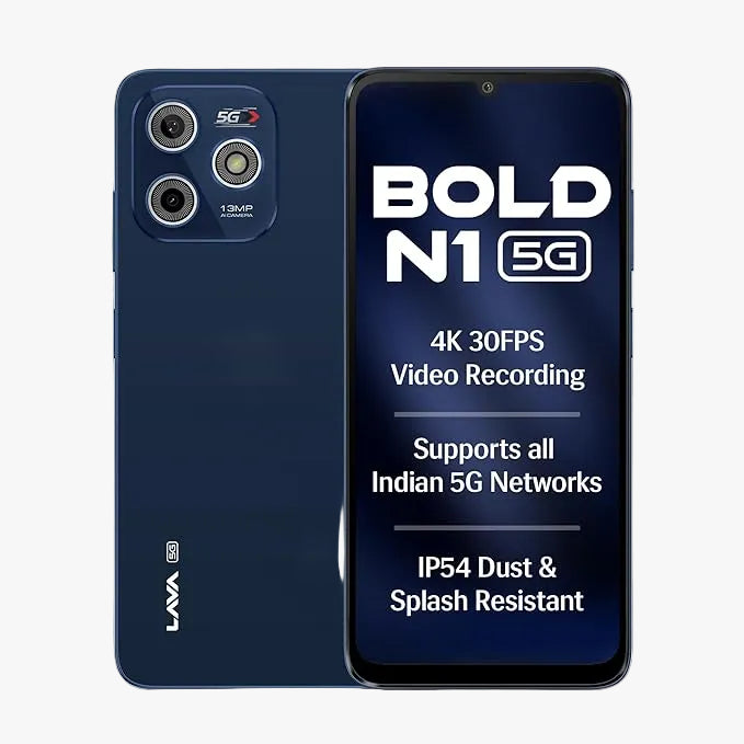 Blue smartphone displaying features on a white background