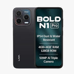 Lava Bold N1 Pro smartphone showing back and front with specifications.