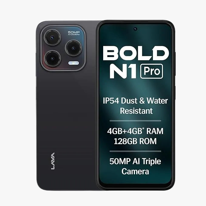 Lava Bold N1 Pro smartphone showing back and front with specifications.