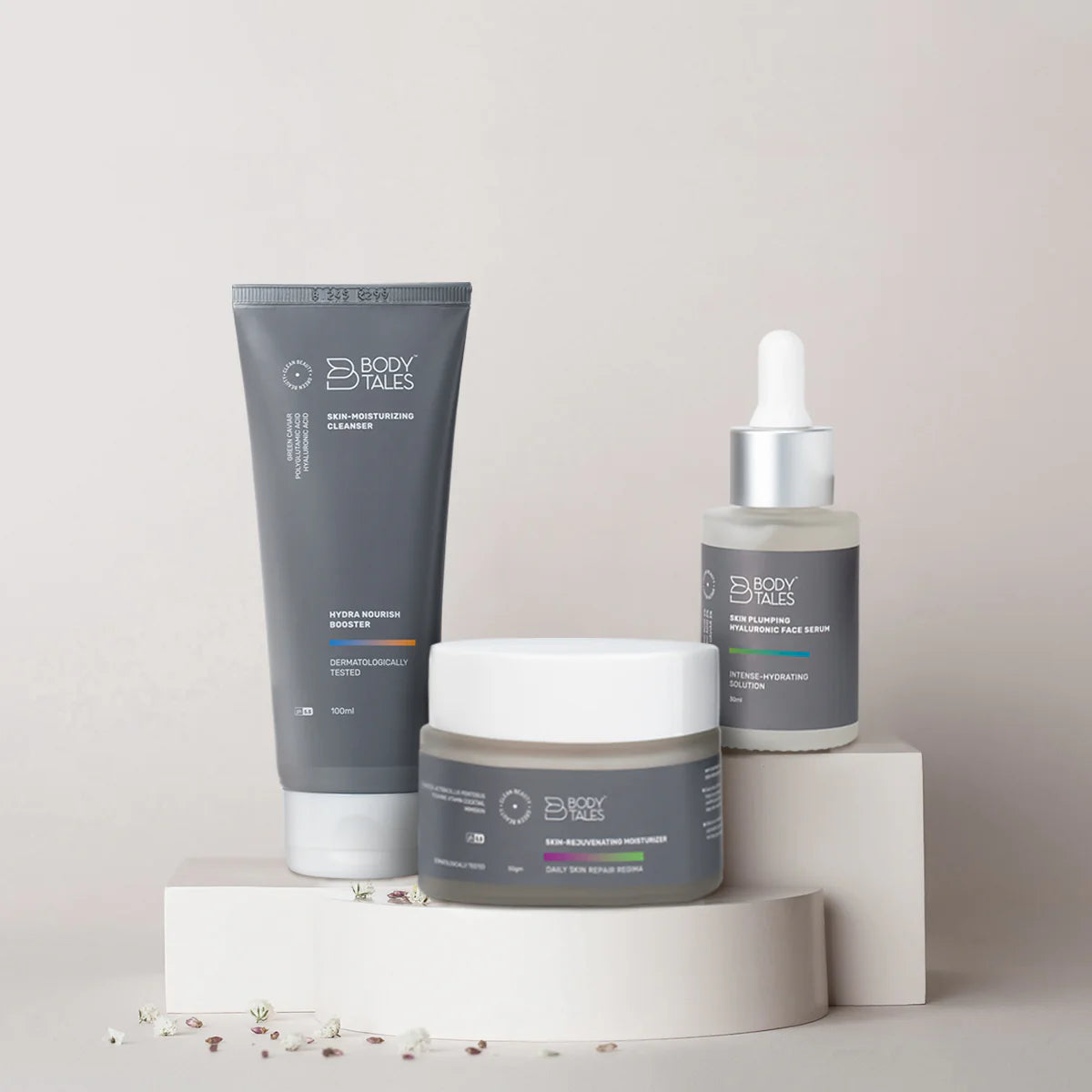 Set of skincare products from Body Tales on a neutral background