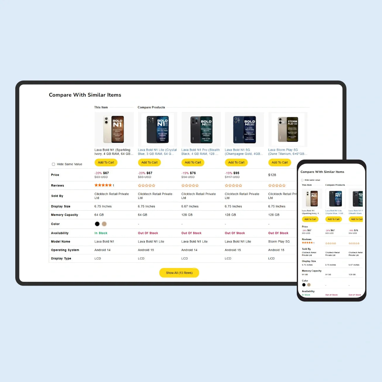 Product comparison interface on a computer screen with smartphone view.