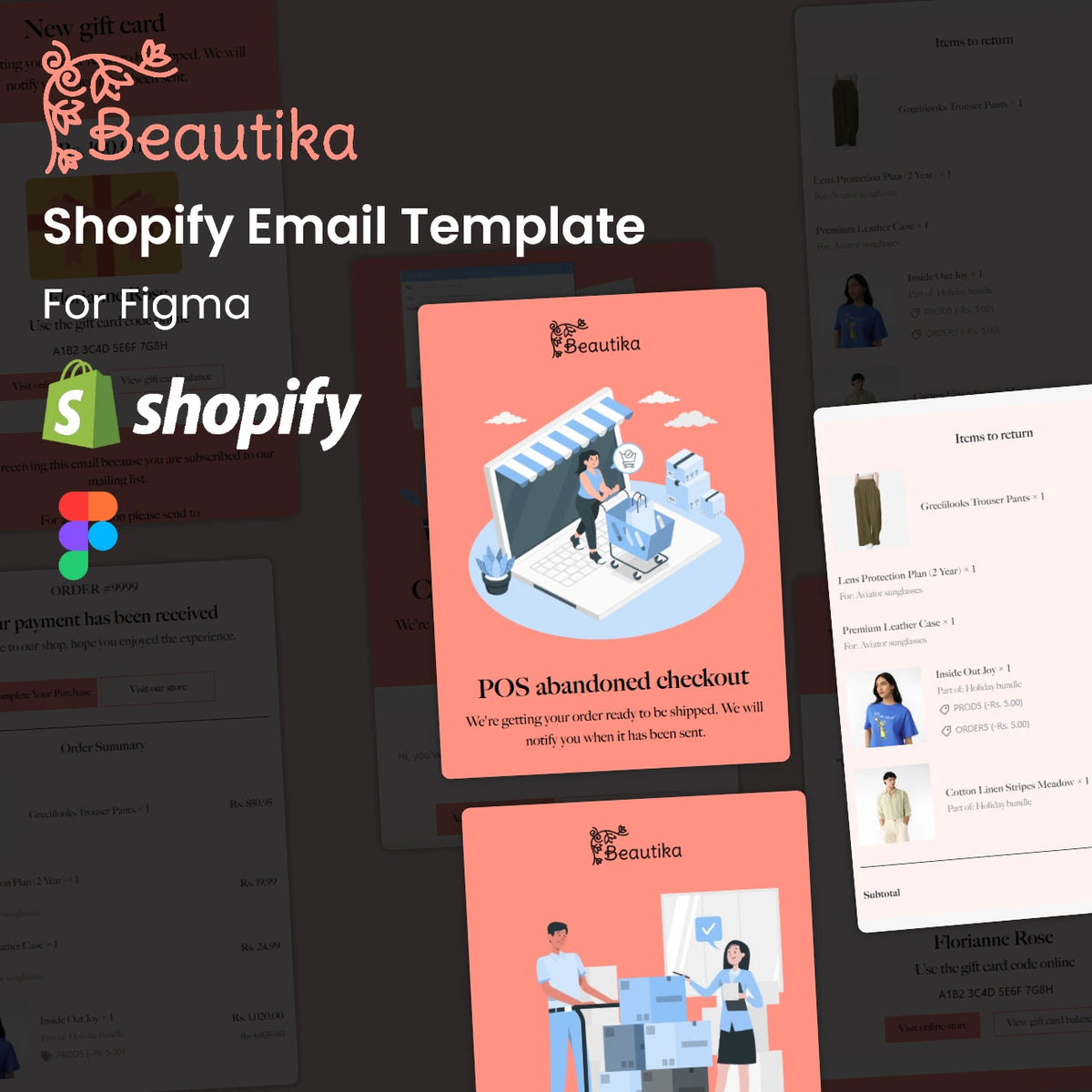 Shopify email template for Figma with Beautika branding on a light dark background