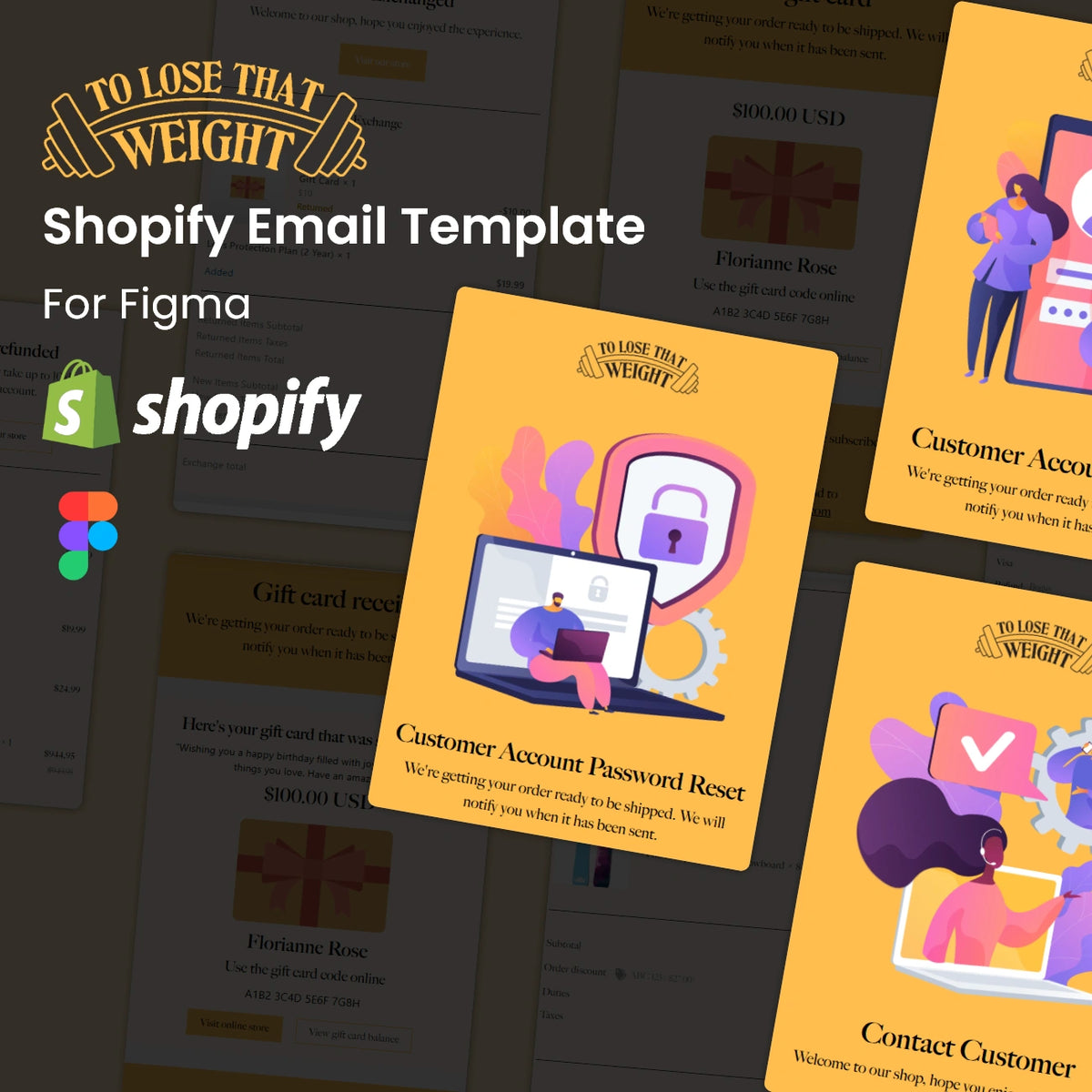 Shopify email template for Figma with yellow cards and illustrations on a light dark background