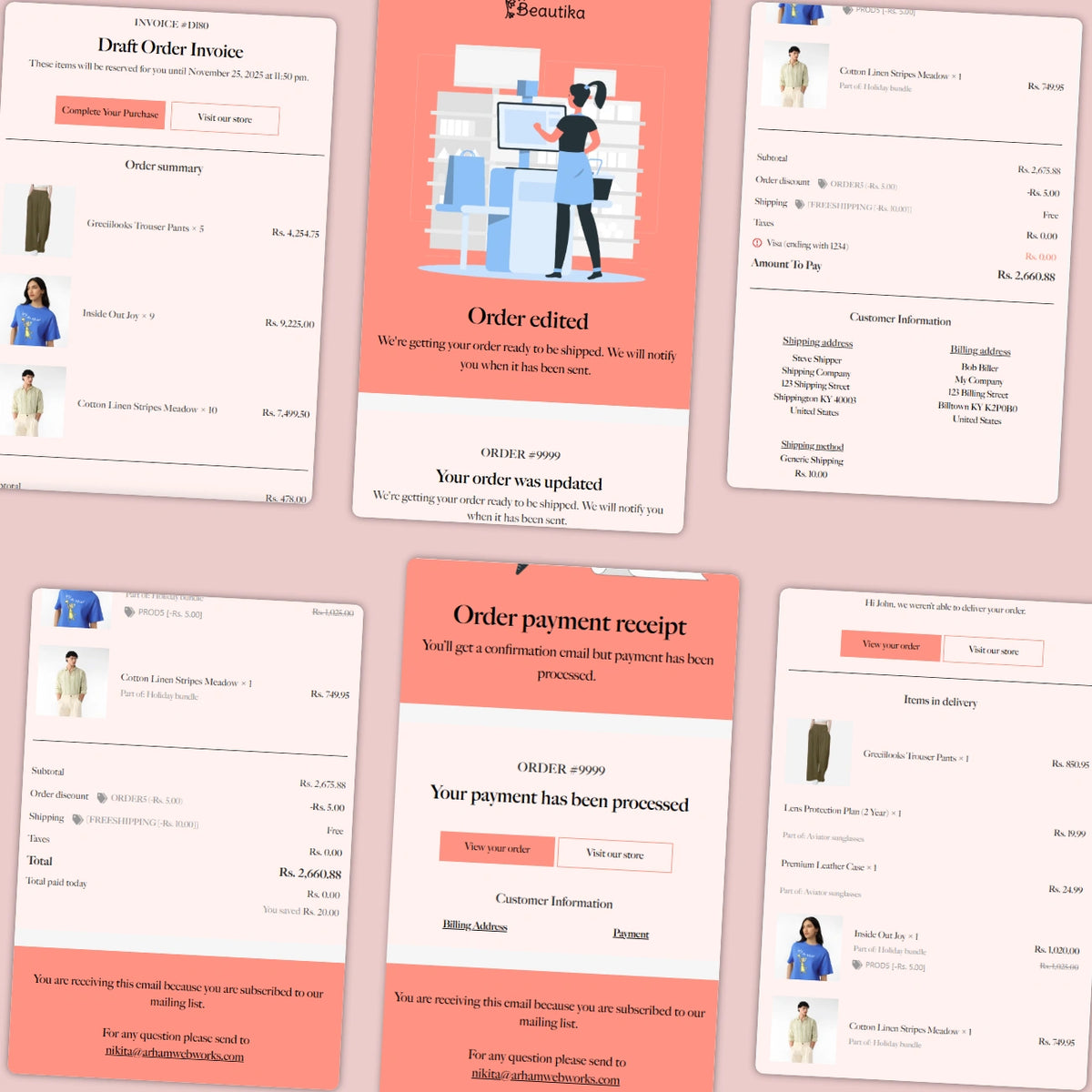Collection of order-related documents on a pink background