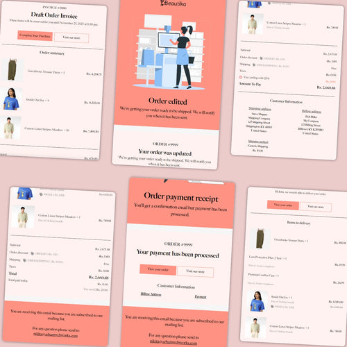 Collection of order-related documents on a pink background