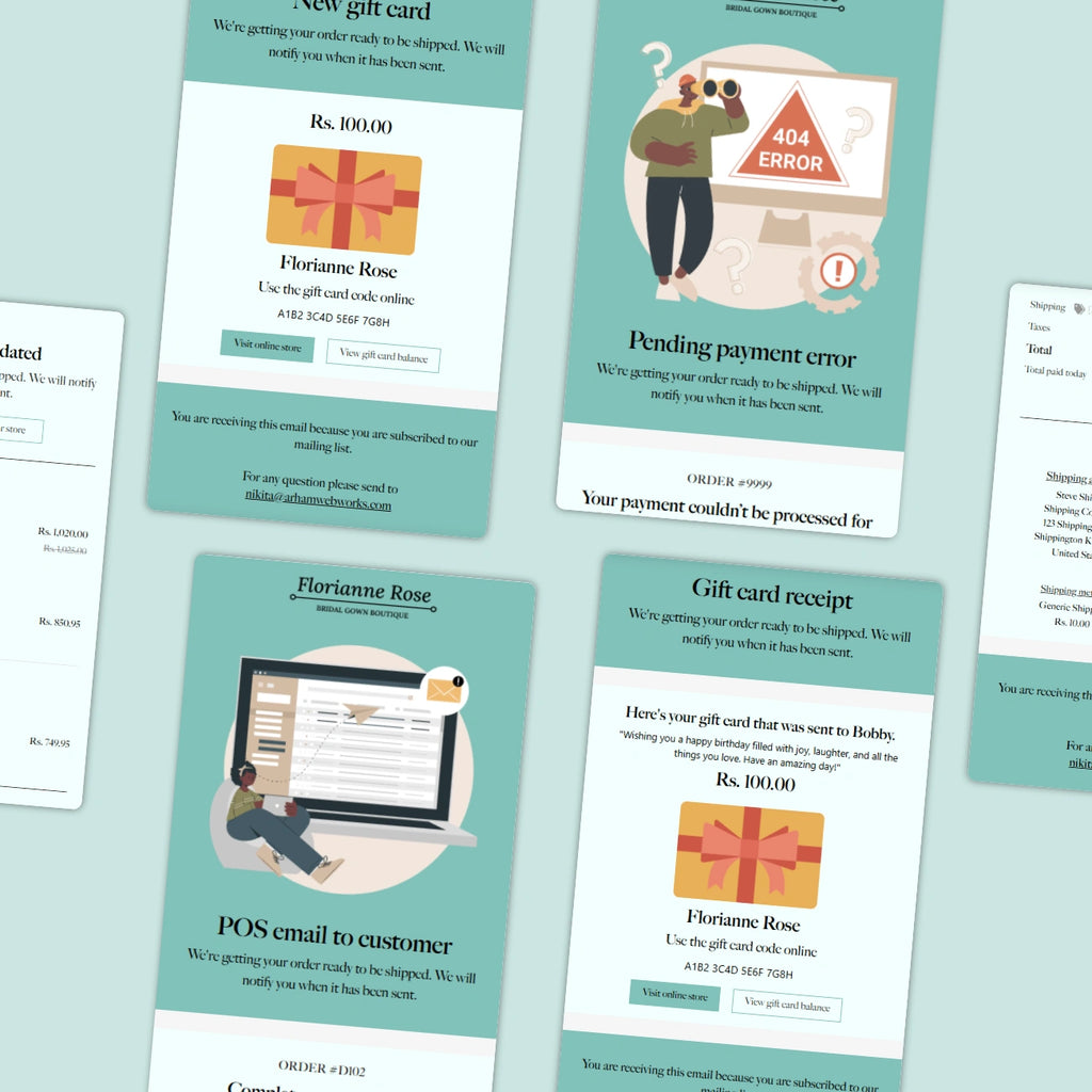 Collection of email templates with different scenarios on a light blue background