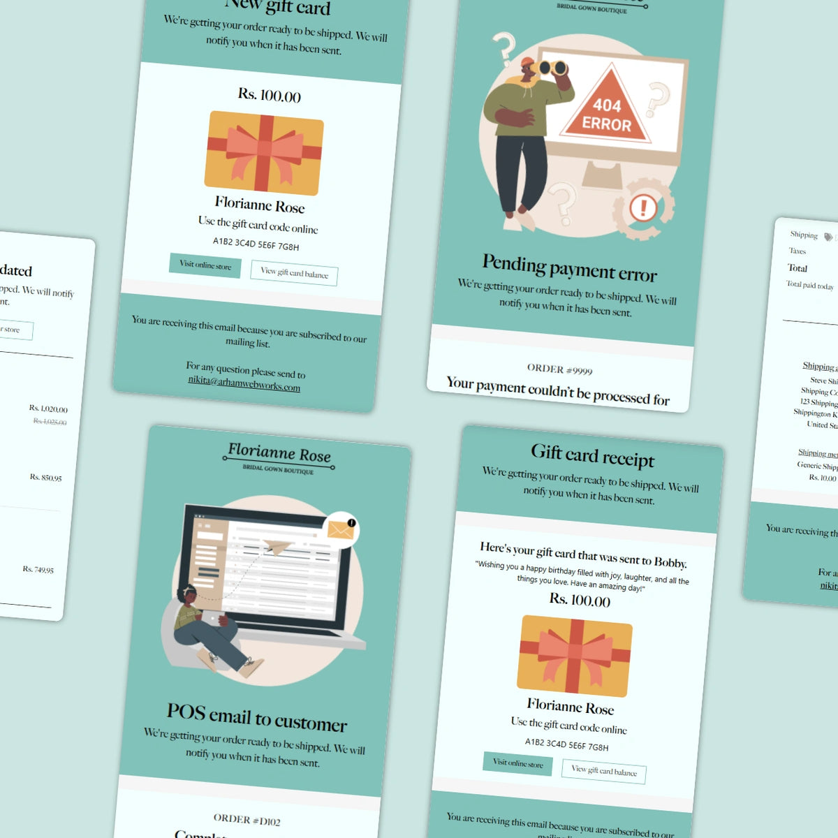 Collection of email templates with different scenarios on a light blue background