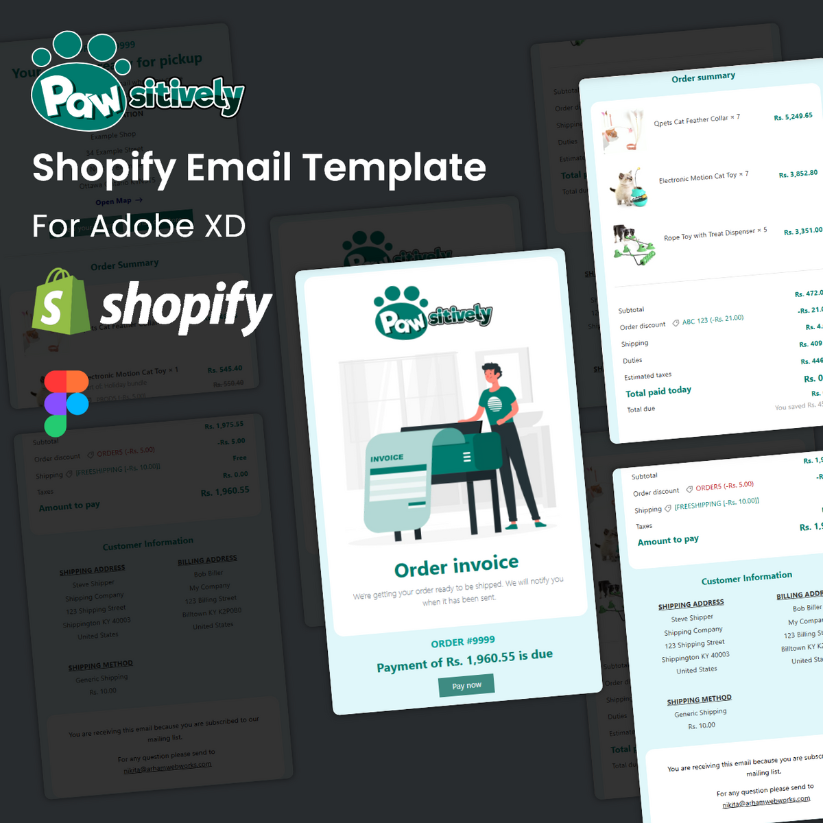 Shopify email template with 'Pawsitively' branding on a light dark background