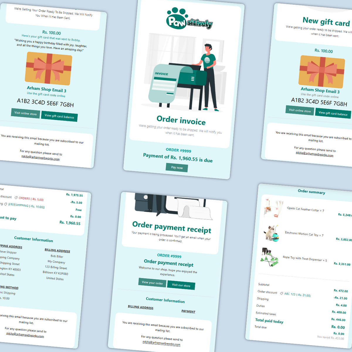 Collection of order-related documents on a light blue background