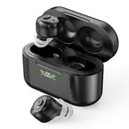 Black wireless earbuds with charging case on a white background
