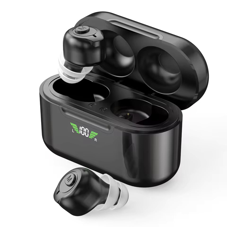 Black wireless earbuds with charging case on a white background