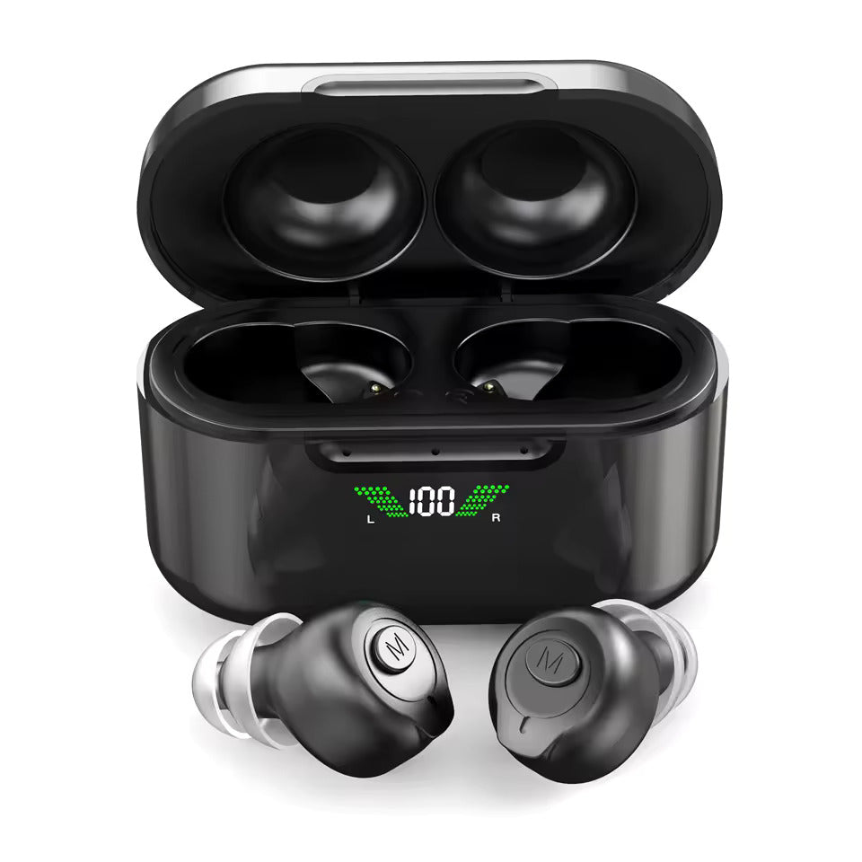 Black wireless earbuds with charging case on a white background
