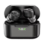 Black wireless earbuds in a charging case with a digital display on a white background