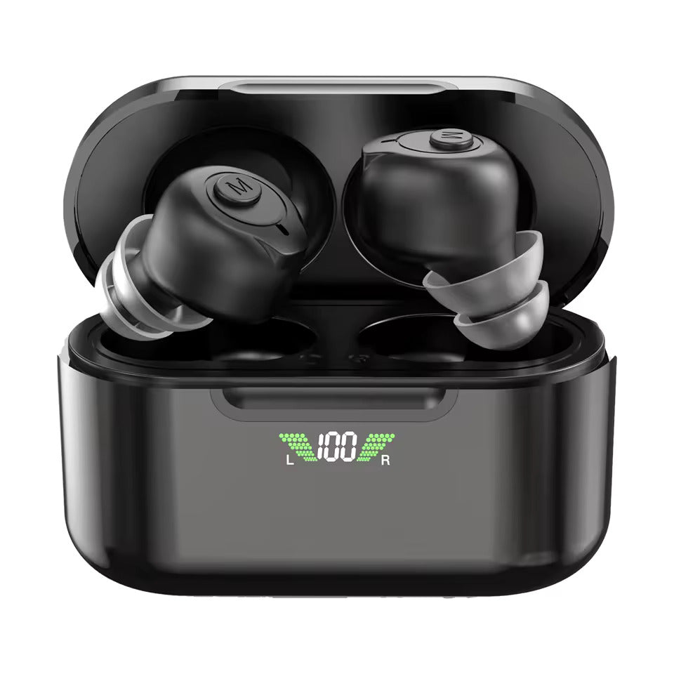 Black wireless earbuds in a charging case with a digital display on a white background