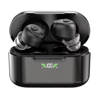 Black wireless earbuds in a charging case with a digital display on a white background