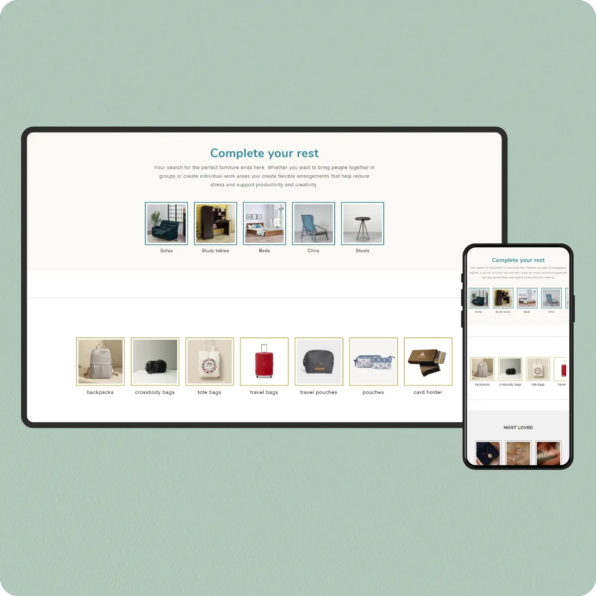 Responsive product catalog showcasing furniture and travel accessories on desktop and mobile screens.
