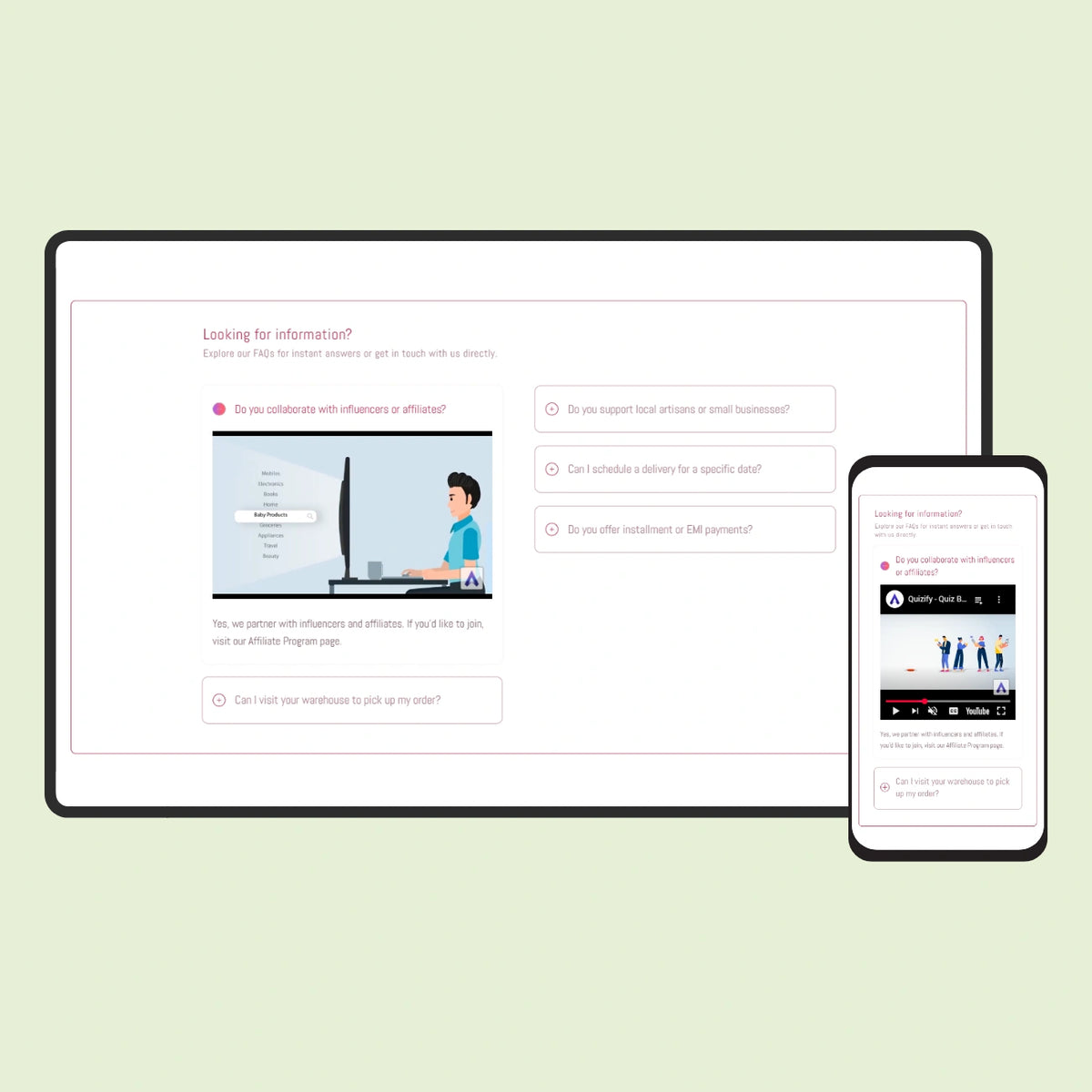 Computer monitor and smartphone displaying a website on a light green background