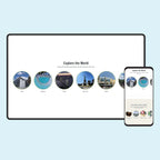 Tablet and smartphone displaying a travel app with cityscape icons on a light blue background