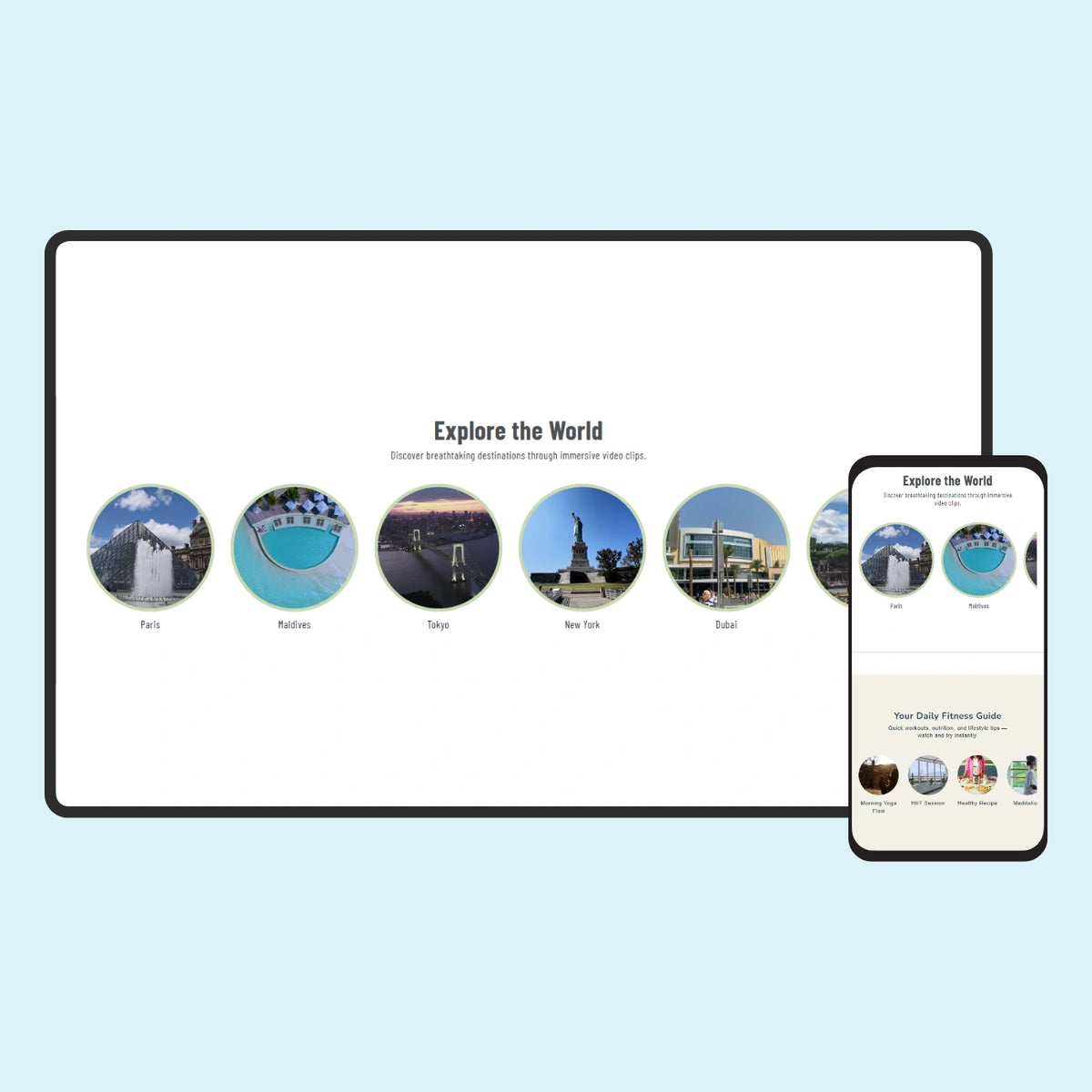 Tablet and smartphone displaying a travel app with cityscape icons on a light blue background