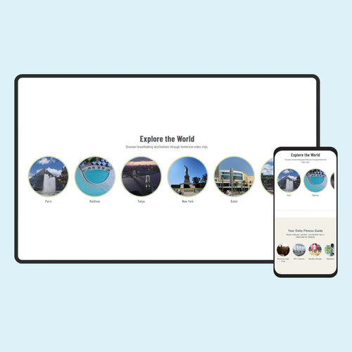 Tablet and smartphone displaying a travel app with cityscape icons on a light blue background
