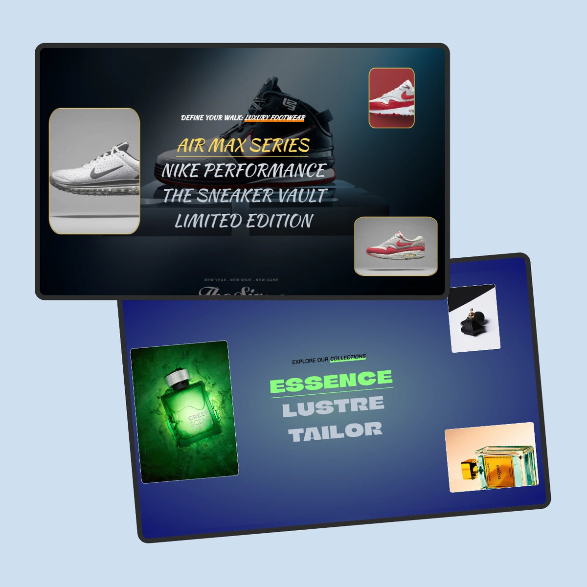 Two computer monitors displaying sneaker and perfume advertisements on a light blue background.