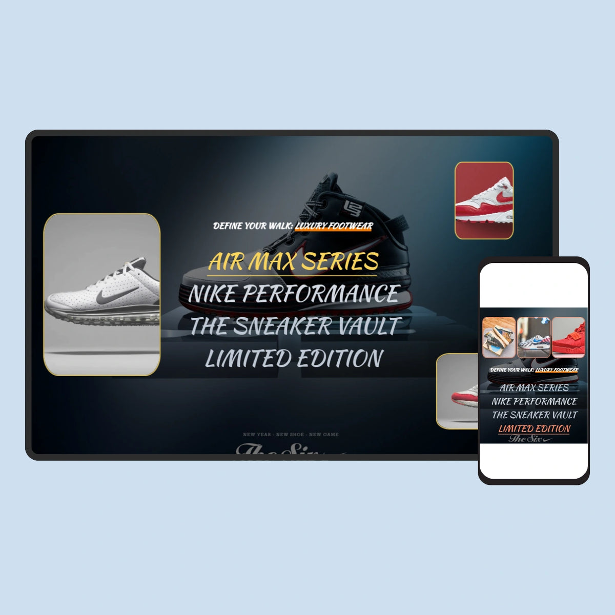 Promotional display for Nike Air Max Series with smartphone showing the same design.