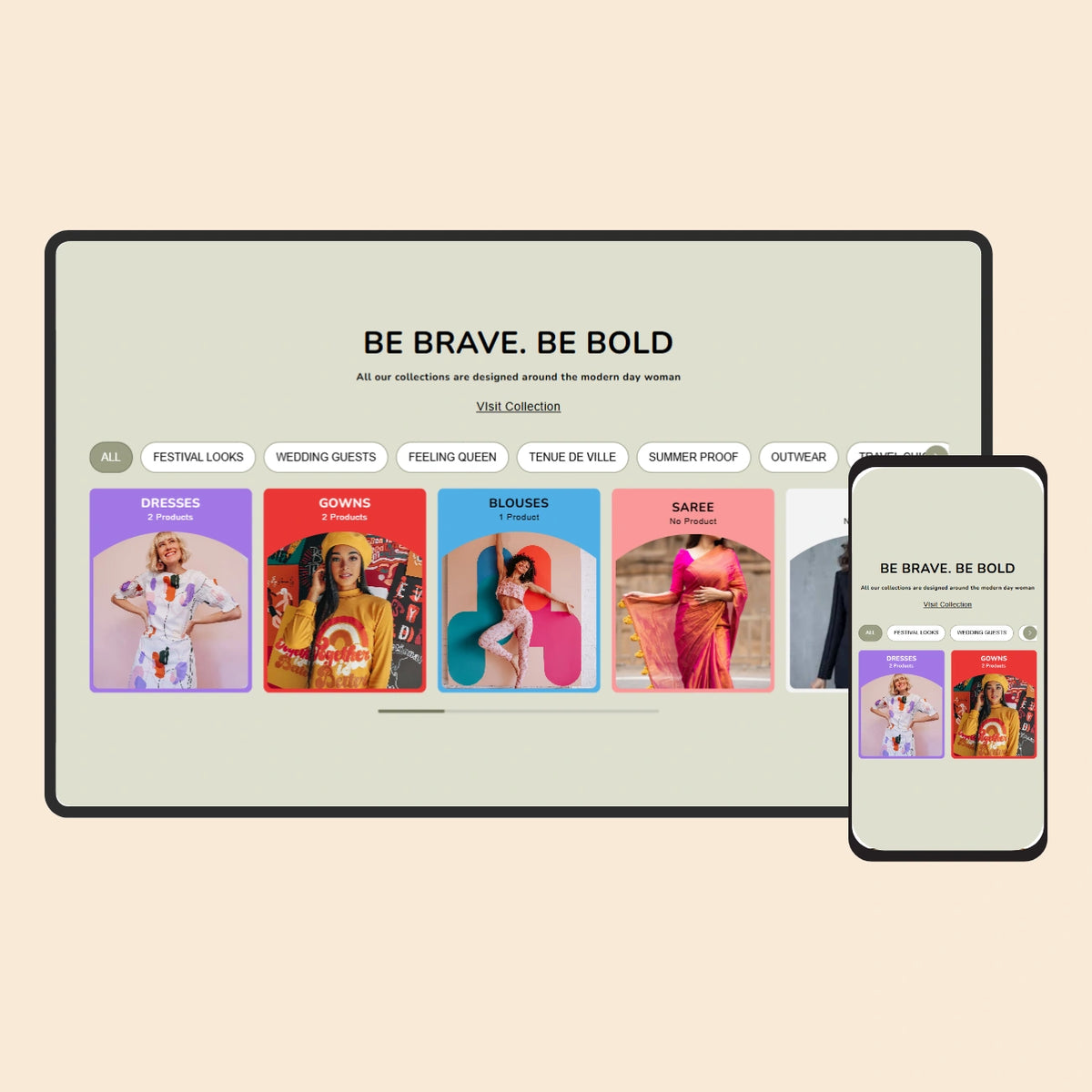 E-commerce website with product categories displayed on a tablet and phone.