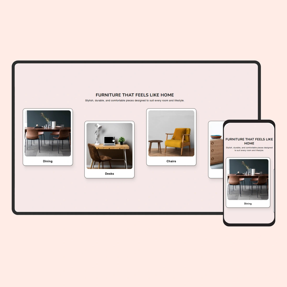 Digital display showing furniture categories with images of dining, desks, and chairs on a light pink background.