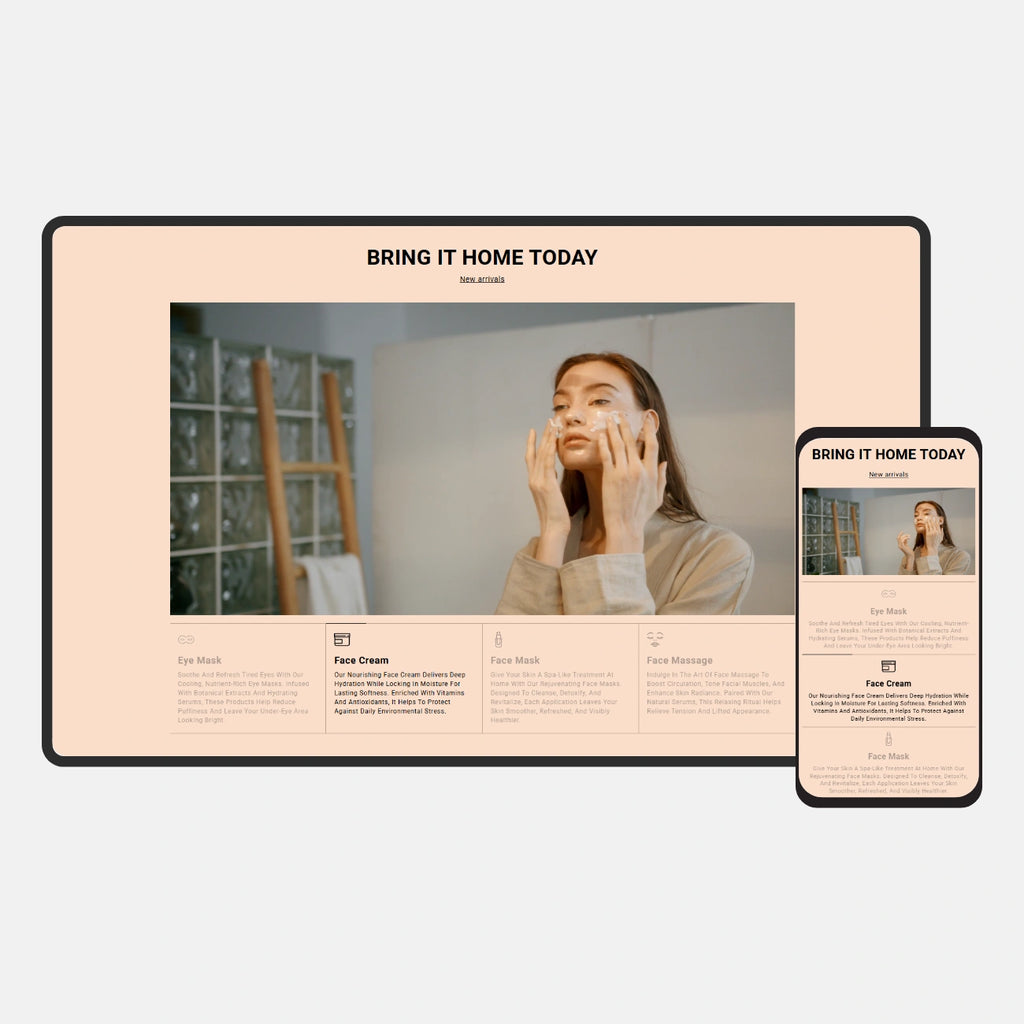 Digital product display with a woman applying cream, featuring 'Bring It Home Today' text on a beige background.