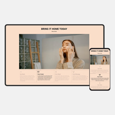 Digital product display with a woman applying cream, featuring 'Bring It Home Today' text on a beige background.