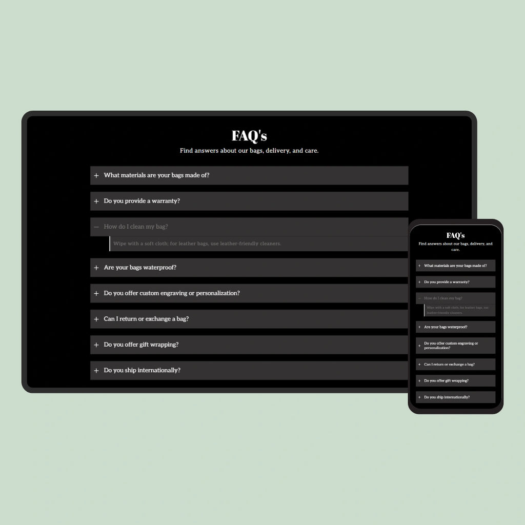 Screen displaying FAQ section with questions and answers on a light green background