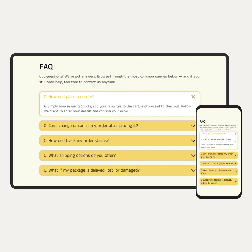 FAQ section displayed on a computer screen and smartphone.