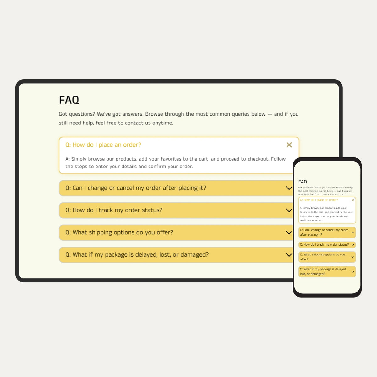 FAQ section displayed on a computer screen and smartphone.