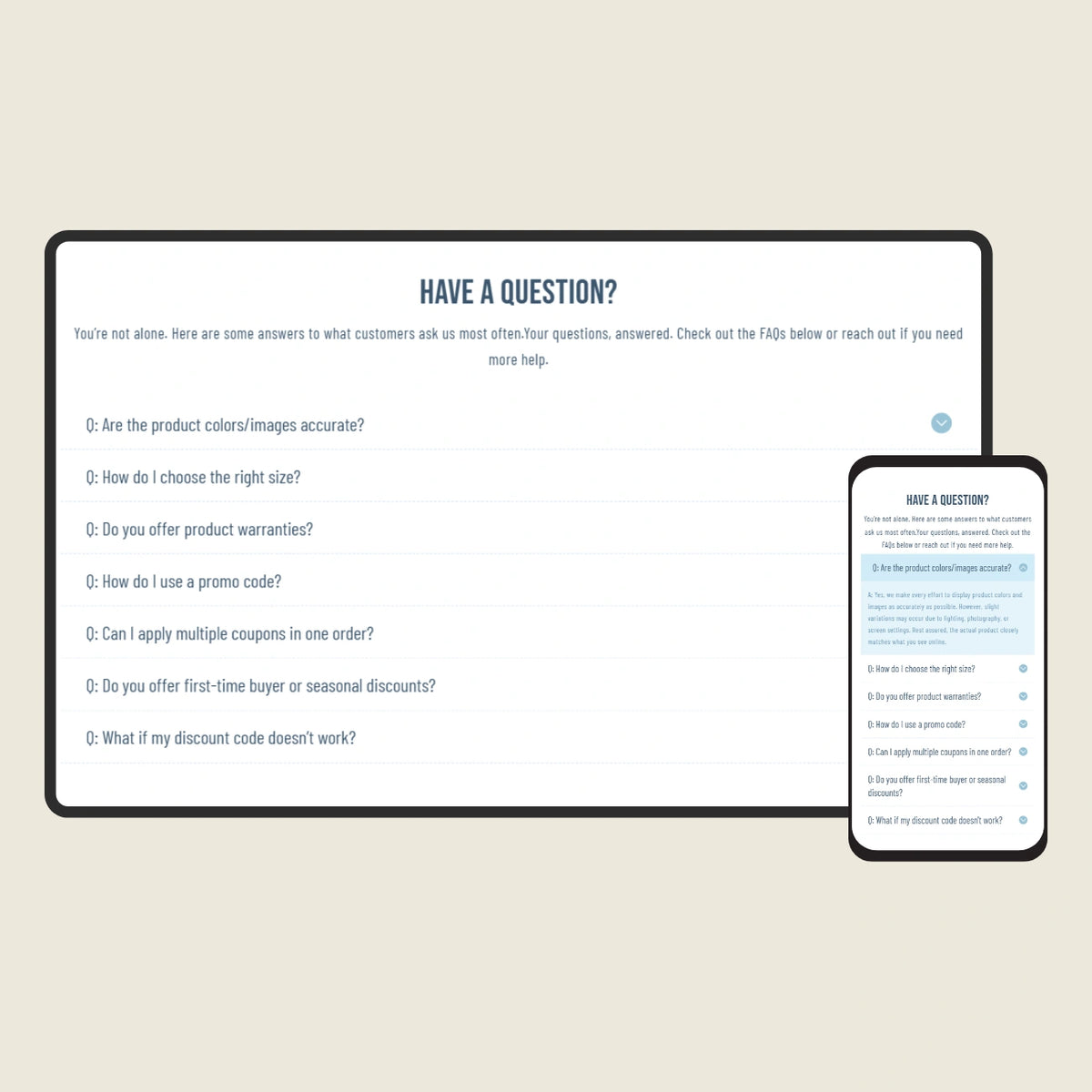 Screen displaying a customer support FAQ section on a tablet and smartphone.
