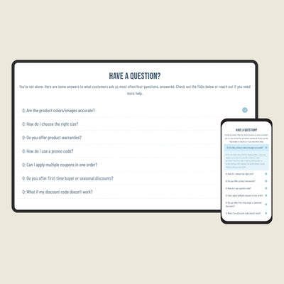 Screen displaying a customer support FAQ section on a tablet and smartphone.