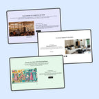 Three computer monitors displaying different web pages on a light blue background