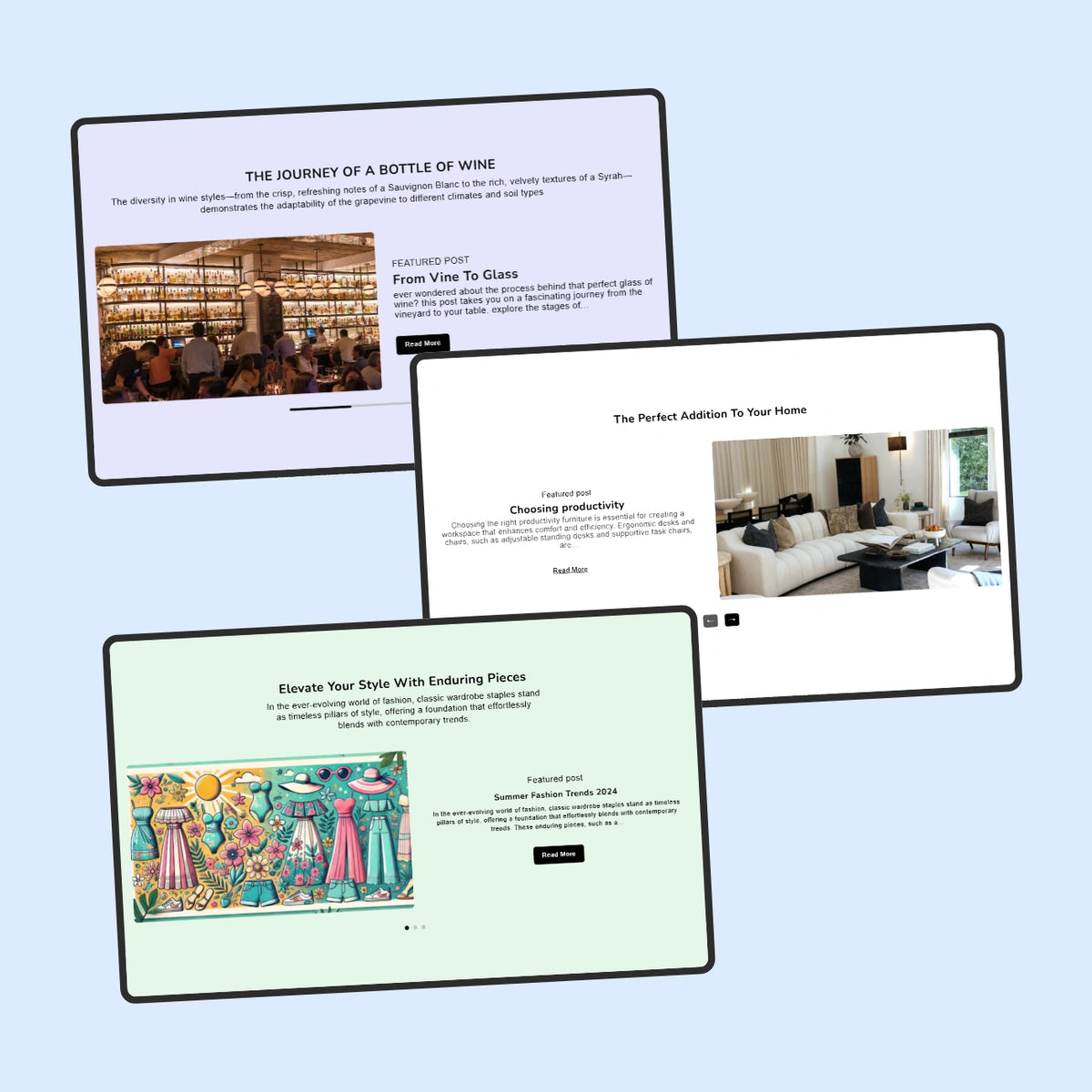 Three computer monitors displaying different web pages on a light blue background