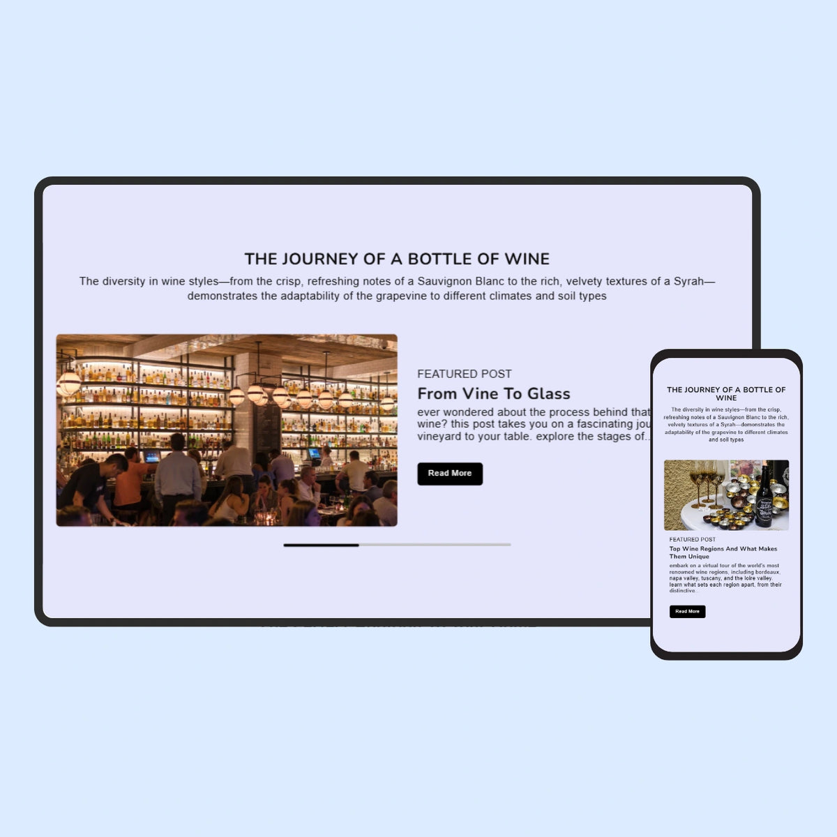 Computer monitor and smartphone displaying a wine-themed website on a light blue background