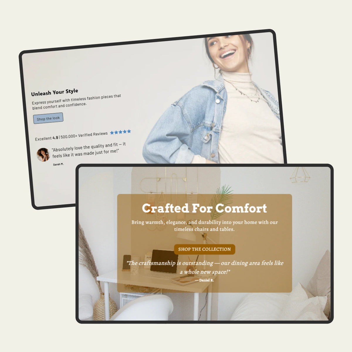 Two computer monitors displaying lifestyle and product information on a white background