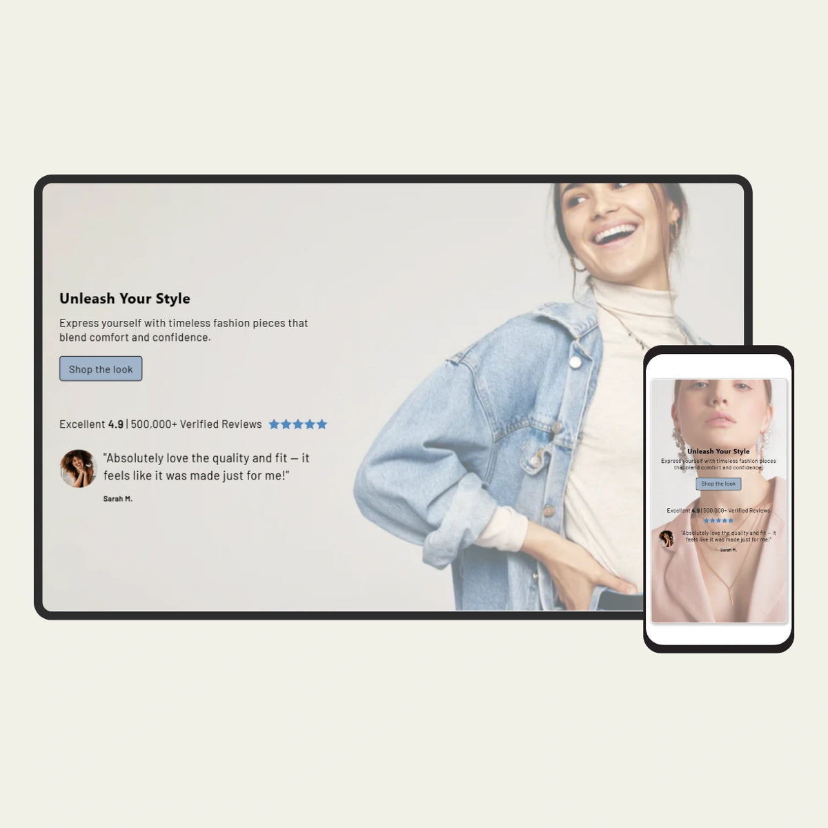 Woman wearing a blue jacket with a digital display showing product details and reviews.