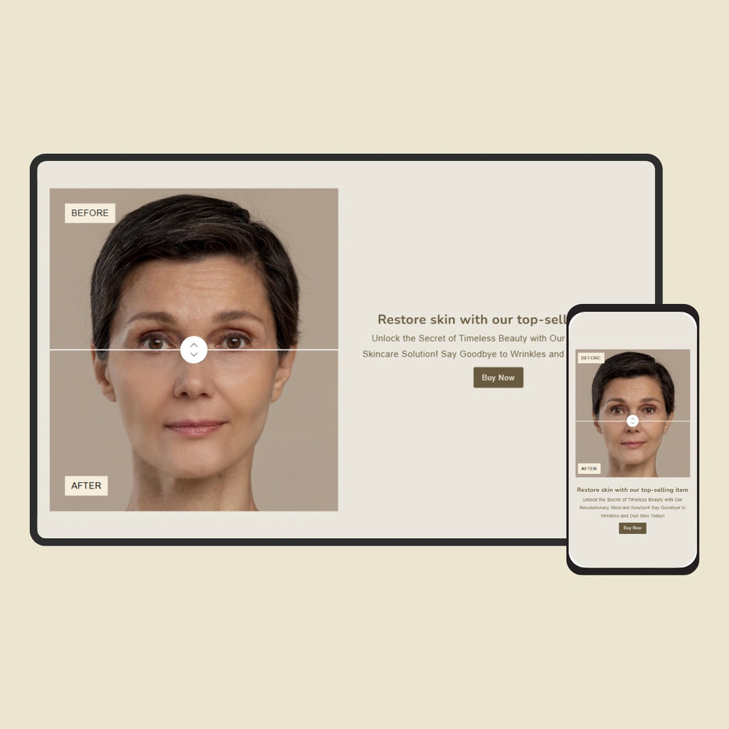 Digital display showing a woman's face with 'Before' and 'After' effects on a beige background.