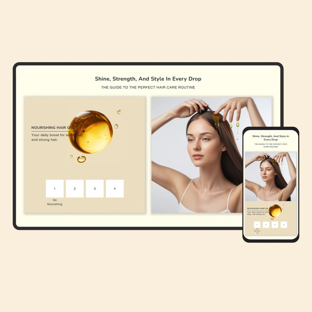 Product packaging with a woman applying hair oil, displayed on a tablet and smartphone.